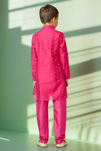Shop_Petite Pomme_Pink Chanderi, Linen Beads, Zari Butta Beaded Placket Kurta Set _at_Aza_Fashions