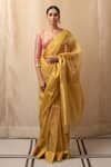 Buy_Priyanka Raajiv_Yellow Silk Chanderi Stripe Sonara Saree With Running Blouse _at_Aza_Fashions