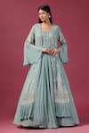 Buy_Two Sisters By Gyans_Green Georgette Embroidery Resham Round Neck Blossom Cape With Anarkali 