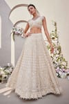 Shop_SAISHA_Ivory Organza Embroidered Dabka V-neck Tonal Floral Bridal Lehenga Set _Online_at_Aza_Fashions