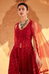 SAISHA_Red Net Embroidered Thread Scalloped V-neck Tonal High-low Kurta Sharara Set _Online_at_Aza_Fashions