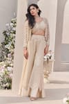 Buy_SAISHA_Ivory Organza Embroidered Sequin Jacket Pearl Embellished Floral Sharara Set _at_Aza_Fashions