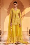 Buy_SAISHA_Yellow Organza Pearl Tonal Embellished Slit Peplum Kurta With Sharara _at_Aza_Fashions