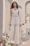 SAISHA_Ivory Organza Embroidered Sequin V-neck Scalloped Slit Peplum Kurta Sharara Set _Online_at_Aza_Fashions