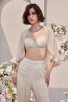 Buy_SAISHA_Ivory Organza Embroidered Sequin Cape Open High-low Bell Bottom Pant Set 