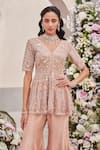 SAISHA_Pink Organza Embroidered Sequin Floral Chevron Slit Peplum Kurta With Sharara _Online_at_Aza_Fashions