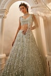 Shop_Swish By Dolcy And Simran_Green Net Embroidered Crystal Artemis Flower Vine Sequin Bridal Lehenga Set _at_Aza_Fashions