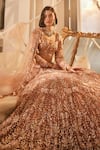 Shop_Swish By Dolcy And Simran_Rose Gold Net Embroidered Crystal Diana Blossom Vine Cutdana Bridal Lehenga Set _at_Aza_Fashions