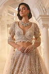 Buy_Swish By Dolcy And Simran_Pink Net Embroidered Cutdana Plunge Persephone Floral Sequin Bridal Lehenga Set _Online_at_Aza_Fashions