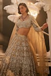 Buy_Swish By Dolcy And Simran_Gold Net Embroidered Nakshi V-neck Vesta Botanic Lehenga Set _Online_at_Aza_Fashions