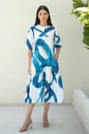 Buy_Merakus_Blue Cotton Poplin Print Stroke Round Neck Midi Dress _at_Aza_Fashions