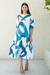 Merakus_Blue Cotton Poplin Print Stroke Round Neck Midi Dress _Online_at_Aza_Fashions