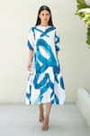 Buy_Merakus_Blue Cotton Poplin Print Stroke Round Neck Midi Dress _Online_at_Aza_Fashions