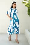 Merakus_Blue Cotton Poplin Print Stroke Round Neck Midi Dress _at_Aza_Fashions