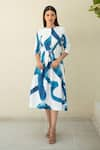 Merakus_Blue Cotton Poplin Print Stroke Round Neck Wave Midi Dress _Online_at_Aza_Fashions