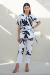 Buy_Merakus_White Cotton Poplin Print Fern Camp Collar Neck Wrap Jacket With Pant _at_Aza_Fashions