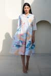 Buy_Merakus_Multi Color Cotton Poplin Print Abstract Cuban Collar Midi Dress _at_Aza_Fashions