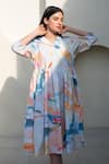 Merakus_Multi Color Cotton Poplin Print Abstract Cuban Collar Midi Dress _Online_at_Aza_Fashions