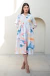 Buy_Merakus_Multi Color Cotton Poplin Print Abstract Cuban Collar Midi Dress _Online_at_Aza_Fashions