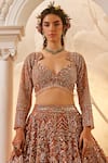 Shop_Swish By Dolcy And Simran_Rose Gold Net Embroidered Nakshi Star Neck Selene Geometric Lehenga Set _at_Aza_Fashions