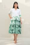 Merakus_White Cotton Poplin Print Watercolor Wave Cuban Collar Midi Dress _Online_at_Aza_Fashions