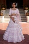 Shop_Ronak And Shruti_Pink Tulle Pearls, Embroidery Sweetheart Neck Resham Lehenga Set _Online_at_Aza_Fashions