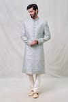 Buy_Arihant Rai Sinha_Grey Sherwani Art Silk Embroidery Cutdana Thread With Churidar _at_Aza_Fashions