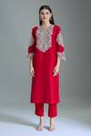 Shop_Prisho_Red Silk Embroidery, Gota Patti Round Neck Floral Kurta Set _Online_at_Aza_Fashions