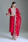 Prisho_Red Silk Embroidery, Gota Patti Round Neck Floral Kurta Set _at_Aza_Fashions