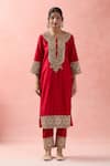 Samyukta Singhania_Red Chanderi Silk, Silk, Organza Embroidery Round Dori Floral Veli Kurta Set _Online_at_Aza_Fashions