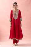 Shop_Samyukta Singhania_Red Silk, Organza, Cotton Embroidery, Gota Patti Round Neck Anarkali Set _Online_at_Aza_Fashions