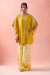 Shop_Samyukta Singhania_Yellow Kota Doria, Silk Embroidery Round Neck Kaftan And Palazzo Set _Online_at_Aza_Fashions