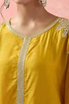 Samyukta Singhania_Yellow Kota Doria, Silk Embroidery Round Neck Kaftan And Palazzo Set _at_Aza_Fashions