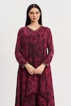 Koswi_Red Viscose Printed Floral Swirl V-neck High-low Kurta With Flared Pant _Online_at_Aza_Fashions