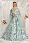 Buy_Samyukta Singhania_Blue Net Applique Floral Leaf Sequin Embroidered Lehenga Set _at_Aza_Fashions