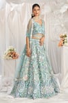 Shop_Samyukta Singhania_Blue Net Applique Floral Leaf Sequin Embroidered Lehenga Set _Online_at_Aza_Fashions