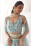 Buy_Samyukta Singhania_Blue Net Applique Floral Leaf Sequin Embroidered Lehenga Set 