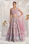 Buy_Samyukta Singhania_Pink Net Applique Floral Leaf Thread Embroidered Lehenga Set _at_Aza_Fashions