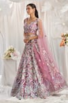 Buy_Samyukta Singhania_Pink Net Applique Floral Leaf Thread Embroidered Lehenga Set _Online_at_Aza_Fashions