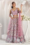 Shop_Samyukta Singhania_Pink Net Applique Floral Leaf Thread Embroidered Lehenga Set _Online_at_Aza_Fashions