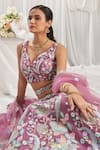 Samyukta Singhania_Pink Net Applique Floral Leaf Thread Embroidered Lehenga Set _at_Aza_Fashions