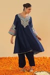 Sheetal Batra_Blue Bamboo, Silk, Chanderi Embroidery Split Kashmiri Tilli Choga Kurta Set _Online_at_Aza_Fashions