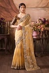Buy_Lashkaraa_Brown Organza, Velvet Sequins, Embroidery, Zari Bloom Gardenia Pre-draped Saree _Online_at_Aza_Fashions