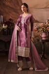 Shop_Lashkaraa_Purple Velvet, Net Zari, Sequins, Embroidery V-neck Bloom Kurta Pant Set _Online_at_Aza_Fashions