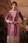 Lashkaraa_Purple Velvet, Net Zari, Sequins, Embroidery V-neck Bloom Kurta Pant Set _at_Aza_Fashions