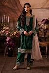 Buy_Lashkaraa_Green Velvet, Net Sequins, Embroidery Round Neck Kurta Pant Set_at_Aza_Fashions