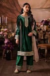 Buy_Lashkaraa_Green Velvet, Net Sequins, Embroidery Round Neck Kurta Pant Set_Online_at_Aza_Fashions