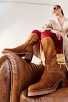 Buy_OROH_Brown Stitchline Thread Tan Embroidered Boots _at_Aza_Fashions