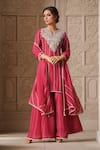 Buy_Samyukta Singhania_Maroon Silk, Organza Embroidery, Tassels Split V-neck Kurta Sharara Set _at_Aza_Fashions
