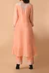 Shop_Samyukta Singhania_Peach Organza, Silk Embroidery Split V-neck Flower Yoke Kurta Pant Set _at_Aza_Fashions